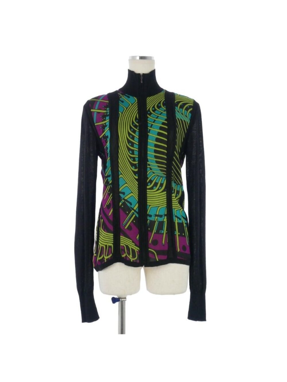 Hermes Vintage Tsuileine Zip Up Knit Silk Cashmere SM Black Multicolor Sweater